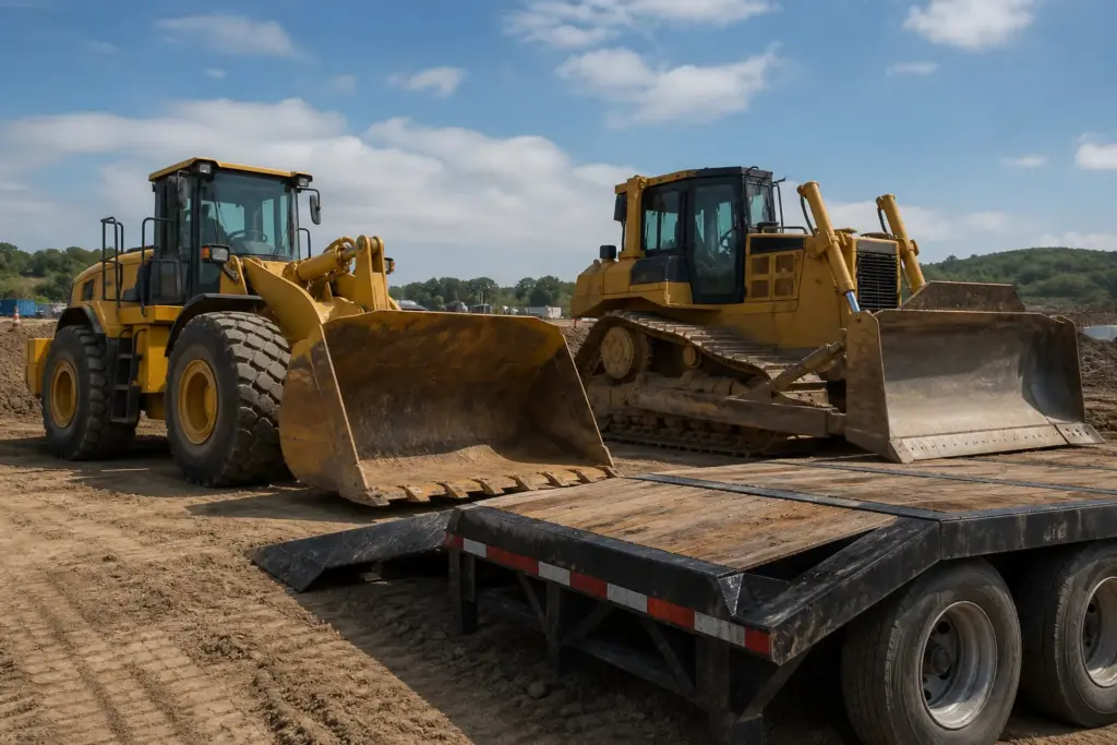 Wheel loader and bulldozer staged behind a lowboy trailer at a jobsite