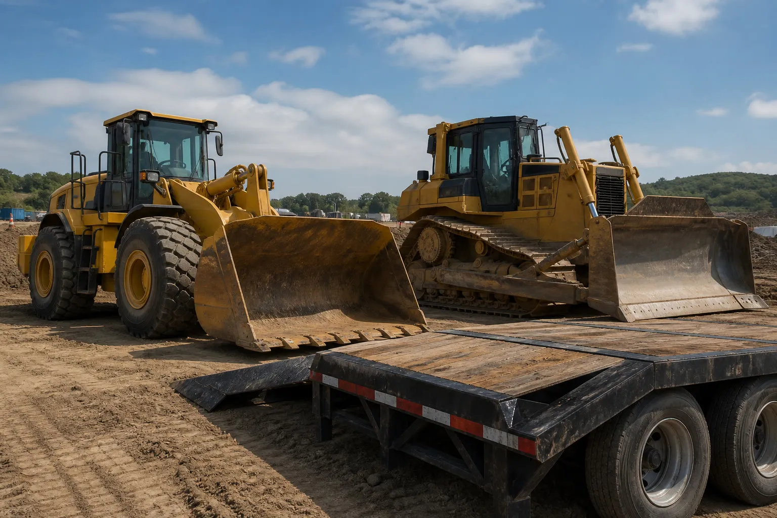 Wheel loader and bulldozer staged behind a lowboy trailer, where axle count and spacing decide overweight permit needs