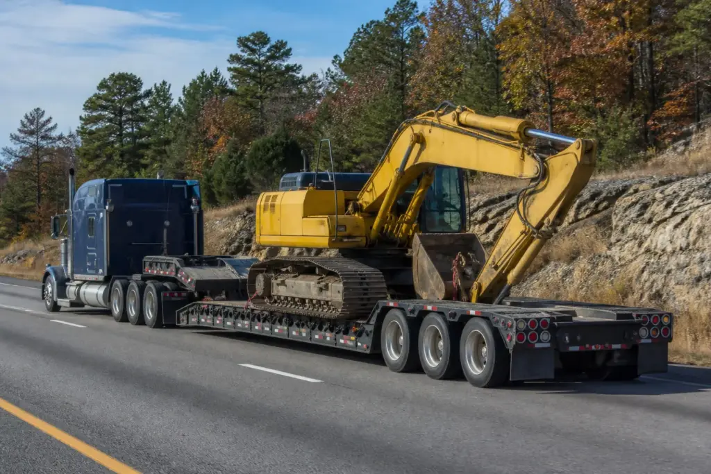 Yellow excavator secured on an RGN lowboy trailer on the highway