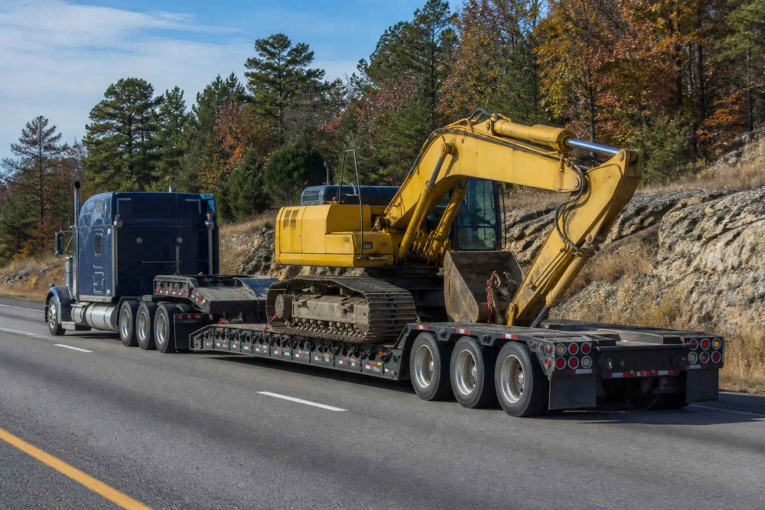 Excavator on RGN lowboy trailer requiring oversize lighting and flags for permitted highway move