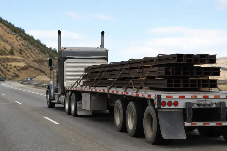 Flatbed trailer loaded with steel beams, used to measure an oversize load